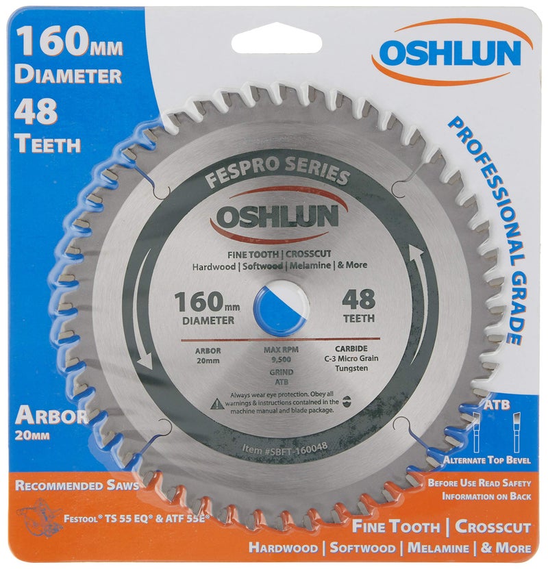 OSHLUN شفرة منشار Oshlun SBFT-160048 بقطر 160 مم و48 سنًا FesPro لقطع العرض ATB مع عمود 20 مم لFestool TS 55 EQ وDeWalt DWS520 وMakita SP6000K - Image 1